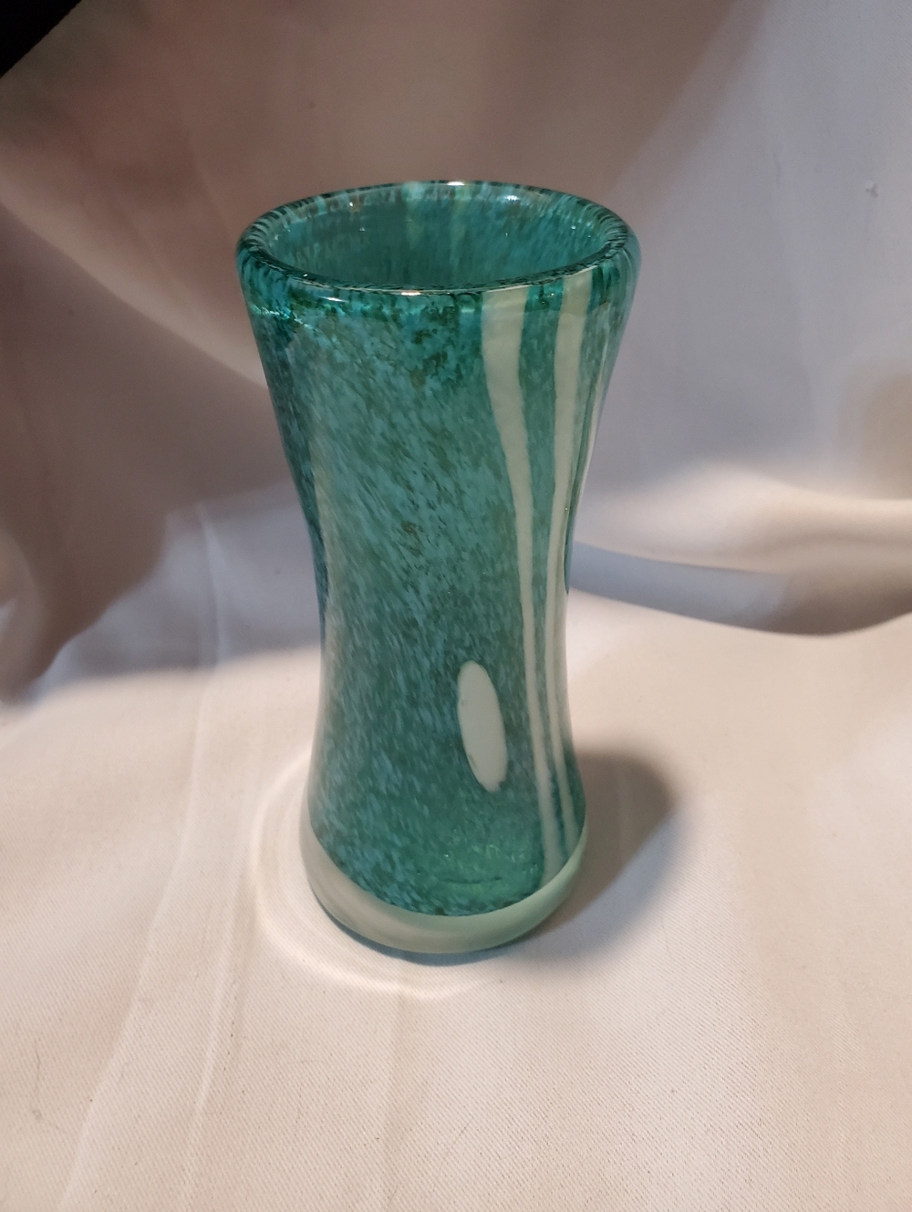Hand-Blown Art Glass Vase Teal & White 6"